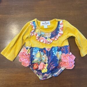 Marie Nicole Clothing “Mustard Polka Dot/Floral Ruffle Bubble Romper”